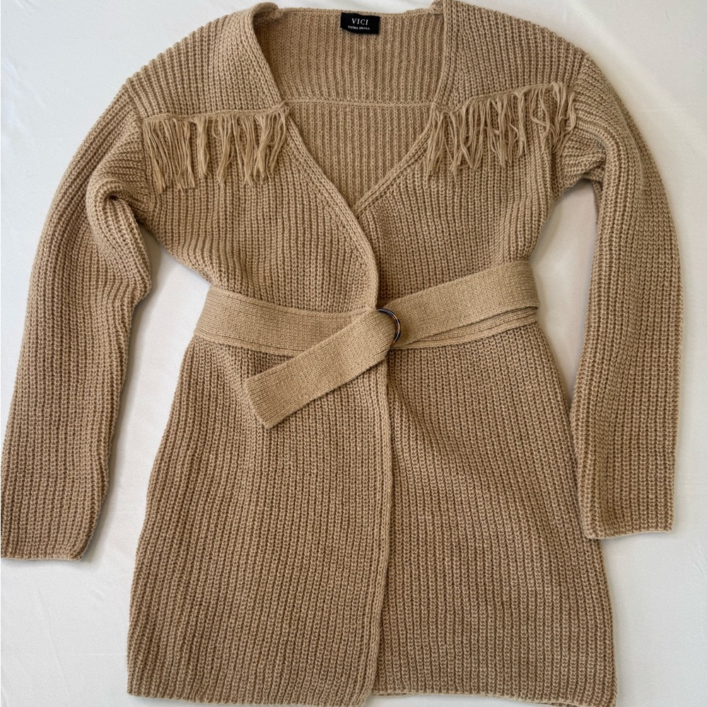 VICI Fringe Belted Chunky Knit Cardigan Sweater | XS | Boho Neutral